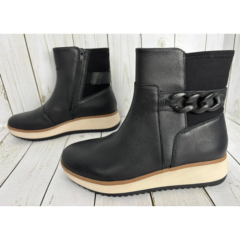 Clarks Zylah Rose Womens Black Leather Chain‎ Wedge Ankle Boots Size 7M